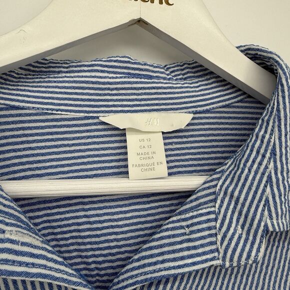 H&M Blue & White Pinstripe Button Front Tie Top Size US 12 - Picture 4 of 10